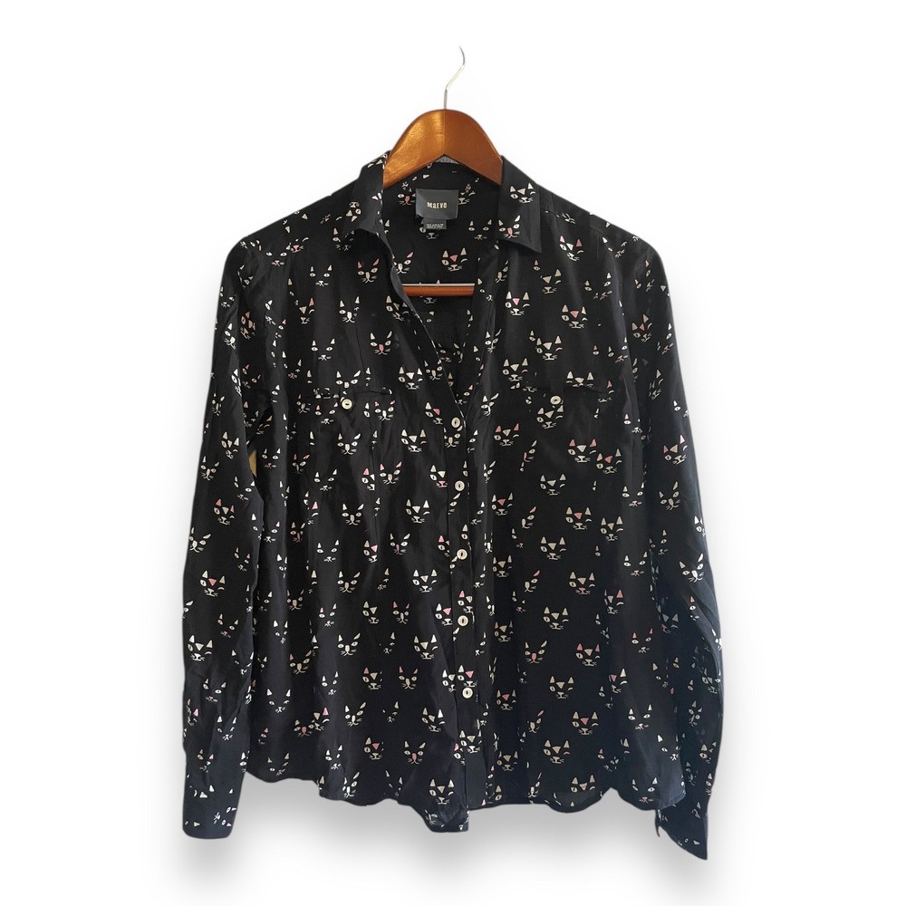 Maeve Anthropologie Conversational Cats Print Button Down Shirt Black Size 4
